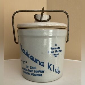 Vintage Glazed Stoneware Crock With Lid Cream with Blue Lettering | Cottagecore